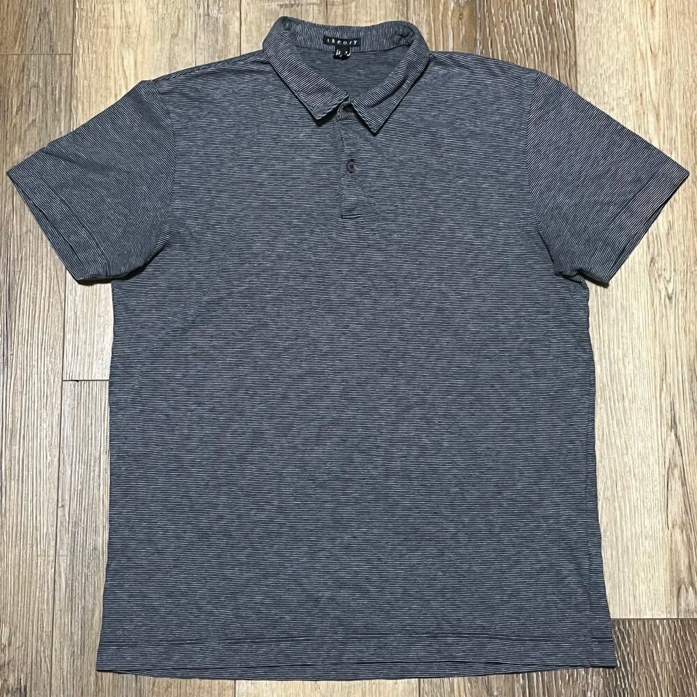 Theory Polo Shirt Mens Medium Gray Stripe 100% Cotton Bron Jersey Top Casual